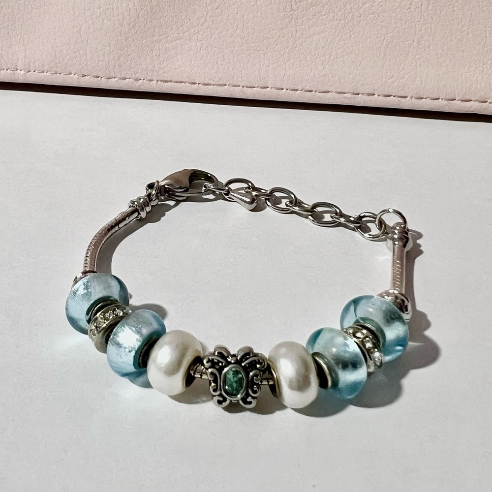 Light Blue Pandora-Style Silver Butterfly Charm Bracelet